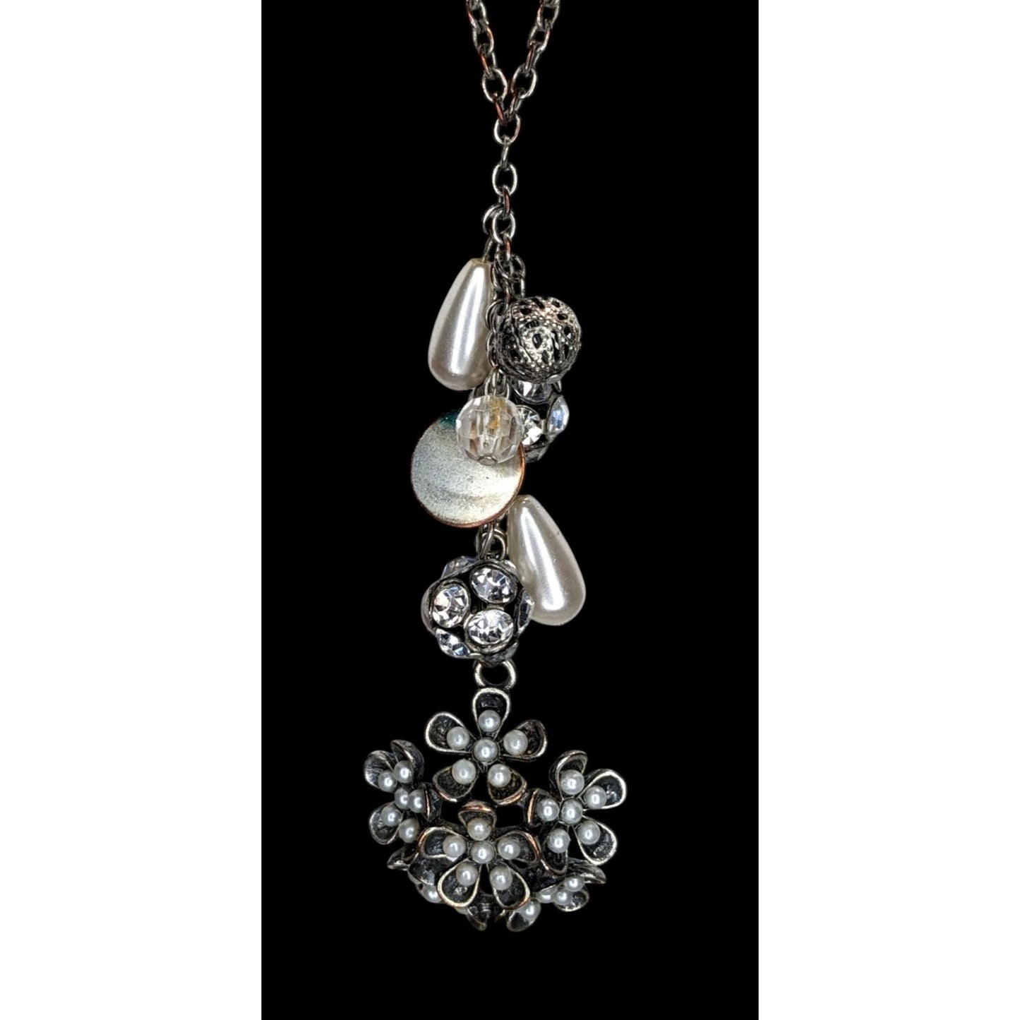 Y2K Fairycore Cluster Pendant Necklace Faux Pearls Rhinestones Flower Silver