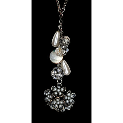Y2K Fairycore Cluster Pendant Necklace Faux Pearls Rhinestones Flower Silver