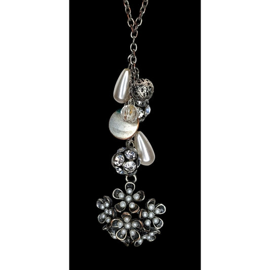 Y2K Fairycore Cluster Pendant Necklace Faux Pearls Rhinestones Flower Silver