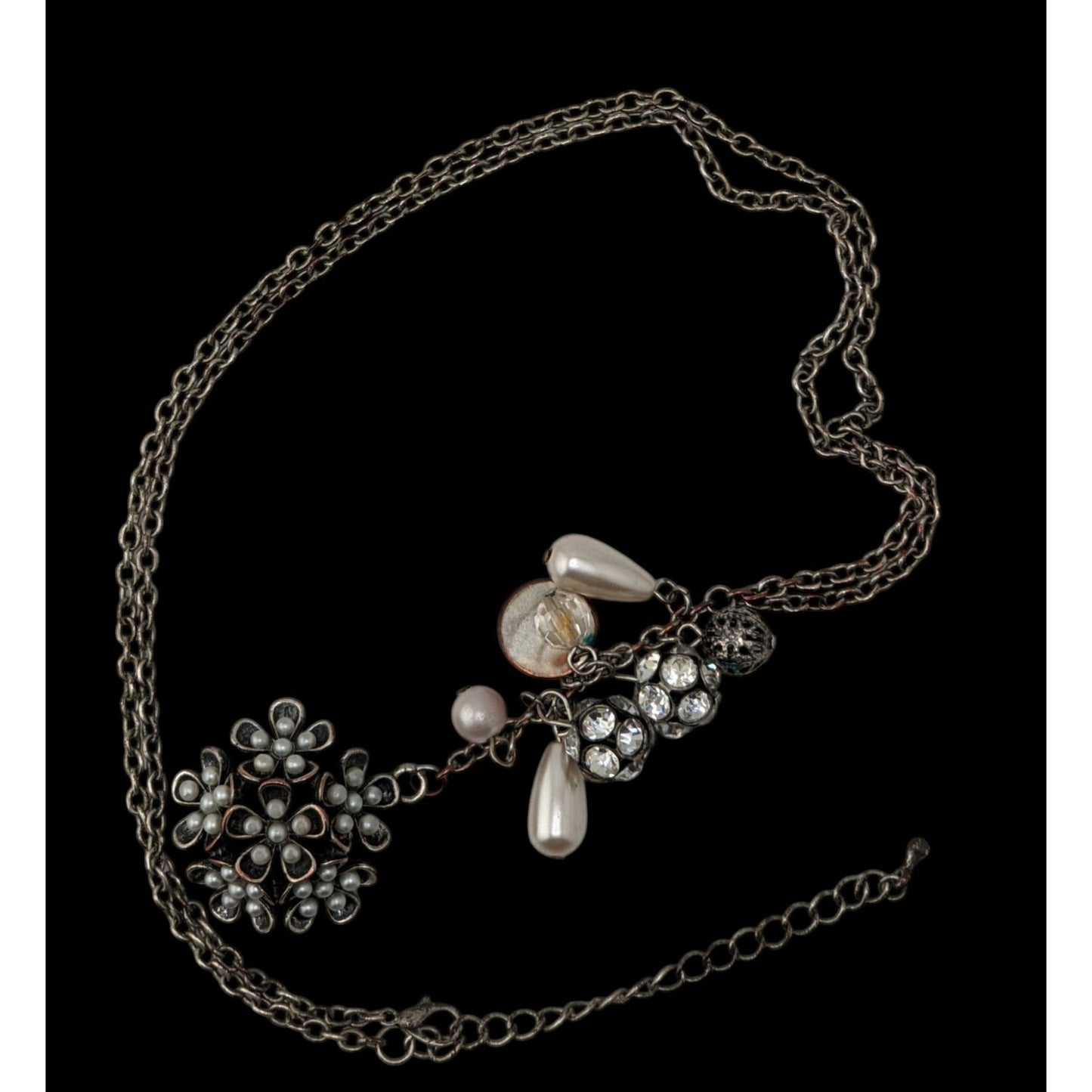 Y2K Fairycore Cluster Pendant Necklace Faux Pearls Rhinestones Flower Silver