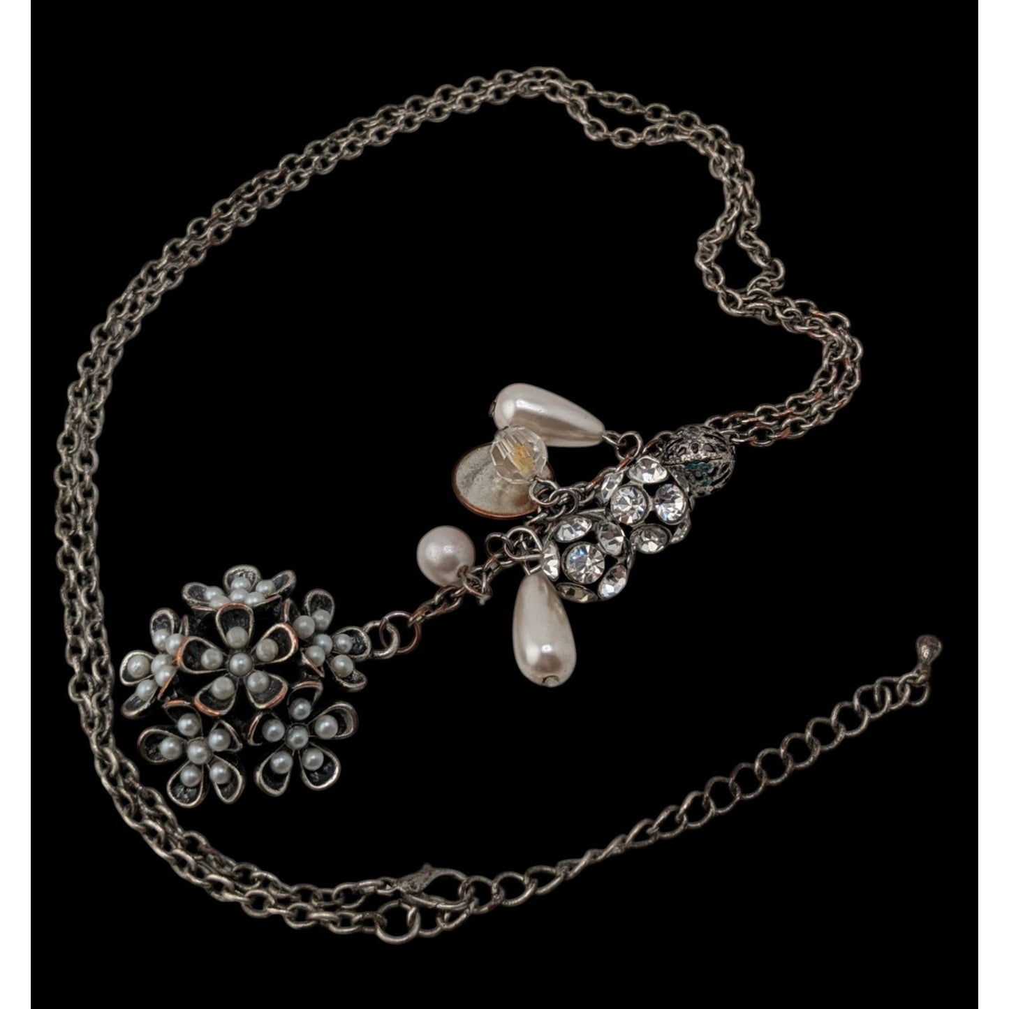 Y2K Fairycore Cluster Pendant Necklace Faux Pearls Rhinestones Flower Silver