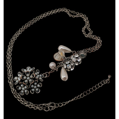 Y2K Fairycore Cluster Pendant Necklace Faux Pearls Rhinestones Flower Silver