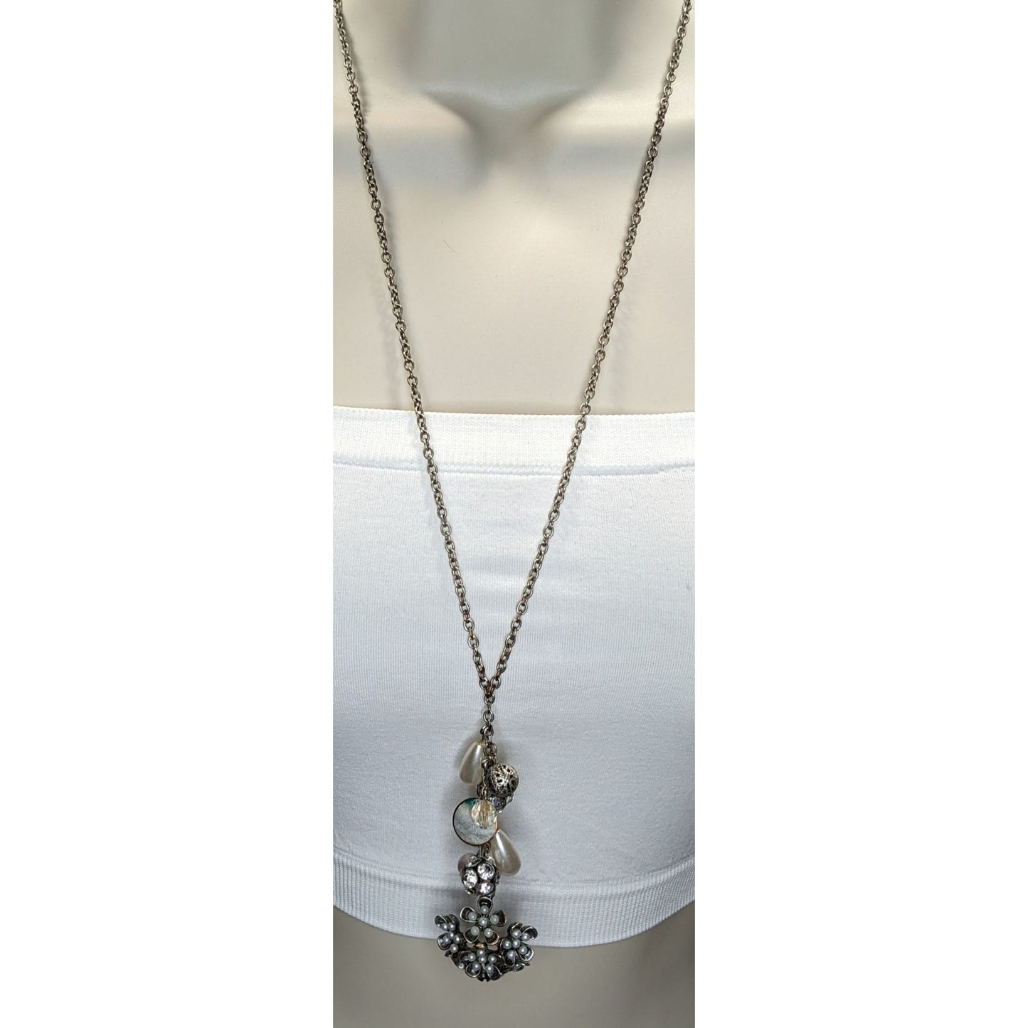 Y2K Fairycore Cluster Pendant Necklace Faux Pearls Rhinestones Flower Silver