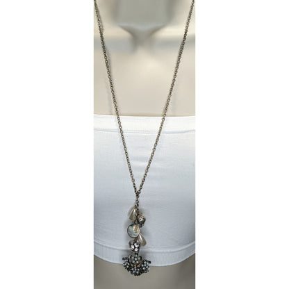 Y2K Fairycore Cluster Pendant Necklace Faux Pearls Rhinestones Flower Silver