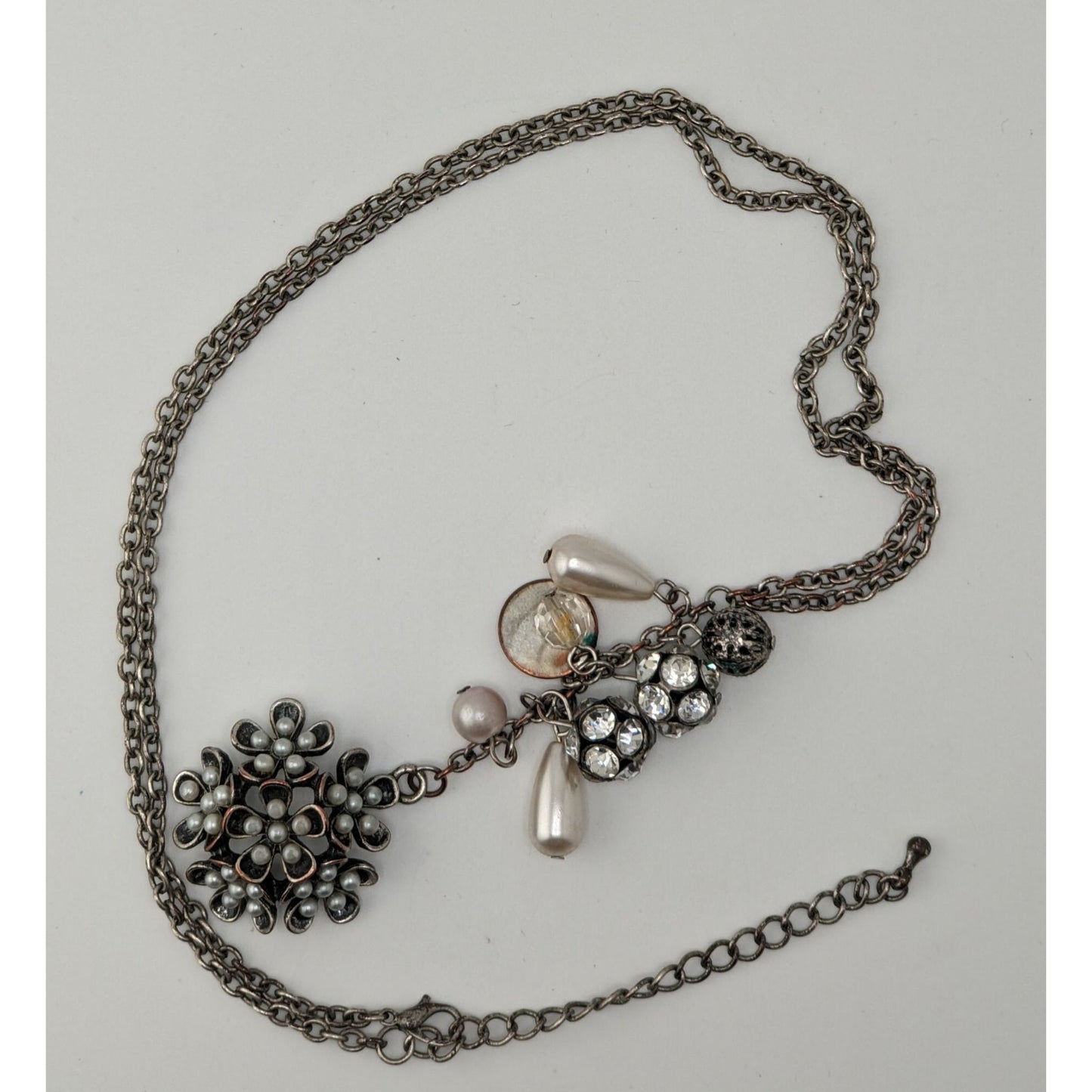 Y2K Fairycore Cluster Pendant Necklace Faux Pearls Rhinestones Flower Silver