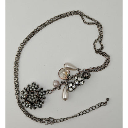 Y2K Fairycore Cluster Pendant Necklace Faux Pearls Rhinestones Flower Silver