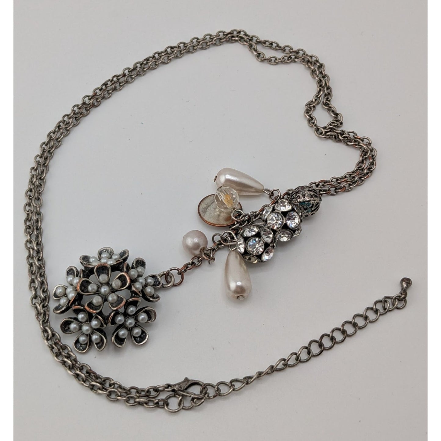 Y2K Fairycore Cluster Pendant Necklace Faux Pearls Rhinestones Flower Silver
