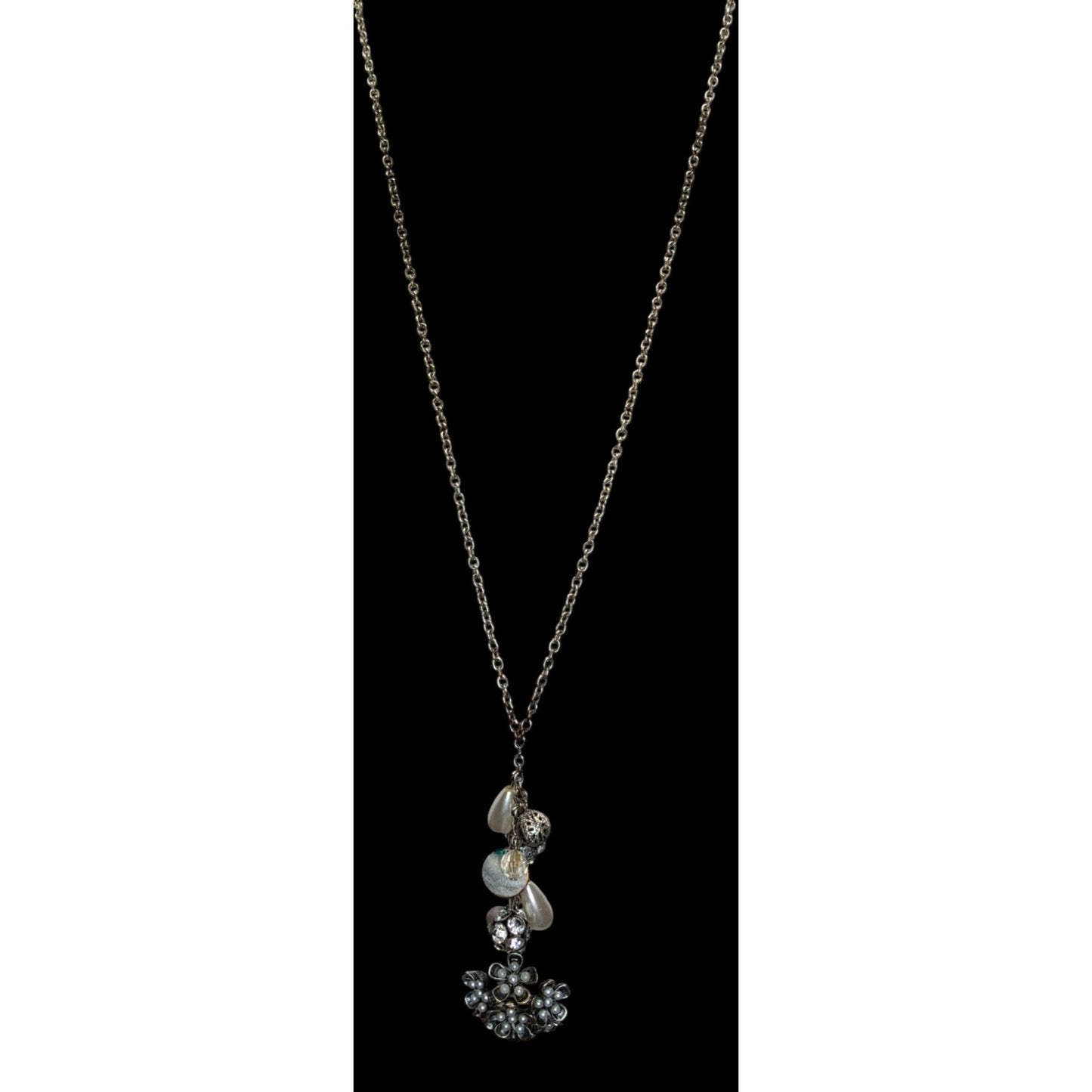 Y2K Fairycore Cluster Pendant Necklace Faux Pearls Rhinestones Flower Silver