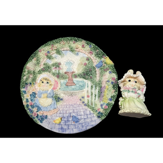 Vintage 90s Cottagecore Popular Imports Decorative Plate And Cat Figurine