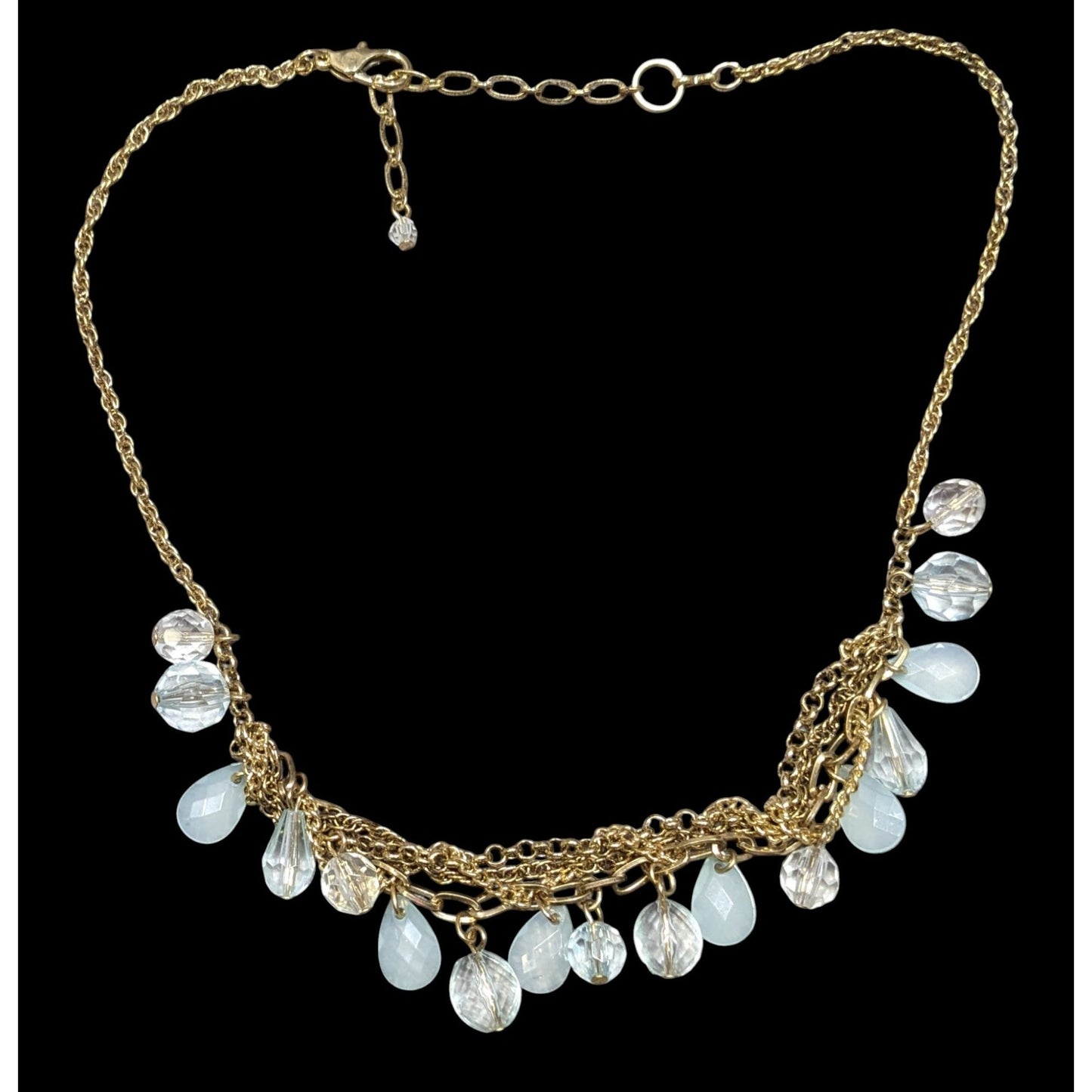 Teardrop White And Clear Gemmed Fringe Necklace On Gold Tone Chain