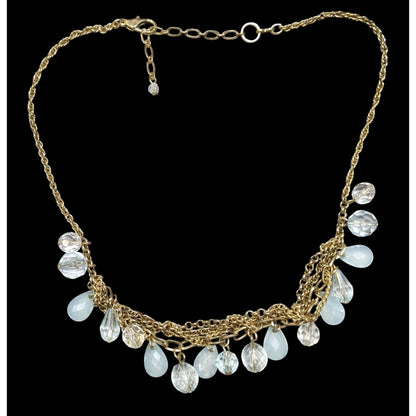 Teardrop White And Clear Gemmed Fringe Necklace On Gold Tone Chain