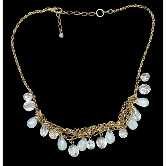 Teardrop White And Clear Gemmed Fringe Necklace On Gold Tone Chain