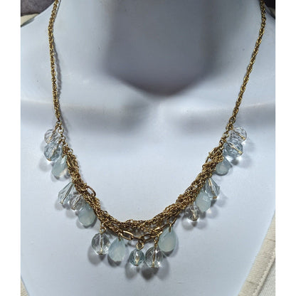 Teardrop White And Clear Gemmed Fringe Necklace On Gold Tone Chain
