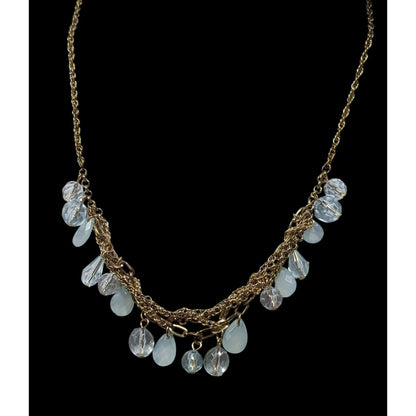 Teardrop White And Clear Gemmed Fringe Necklace On Gold Tone Chain