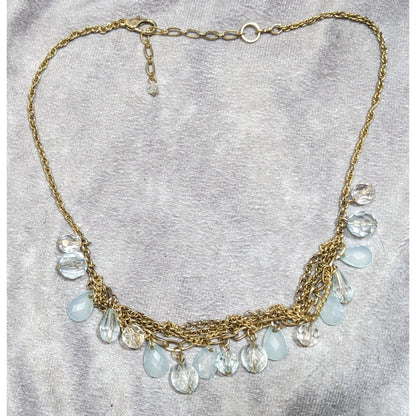 Teardrop White And Clear Gemmed Fringe Necklace On Gold Tone Chain