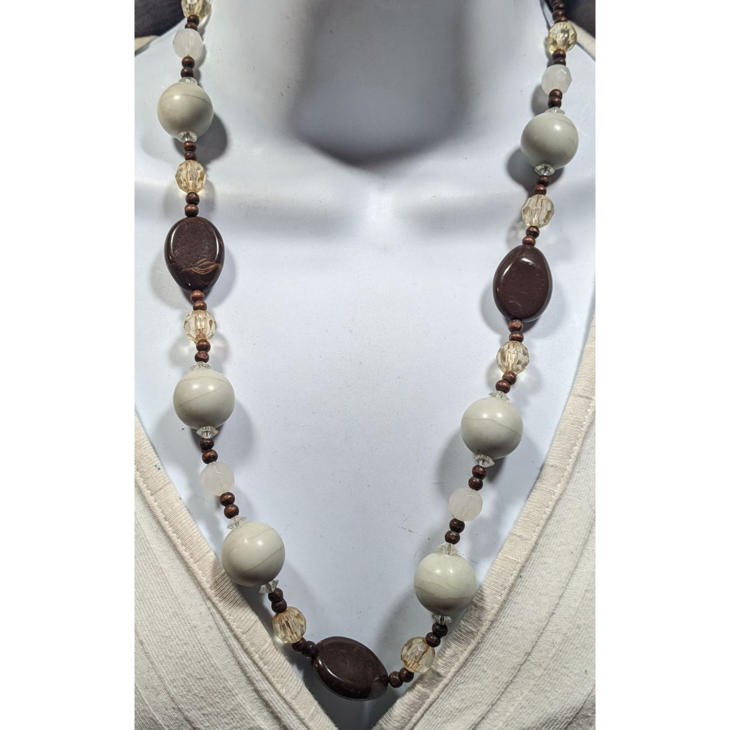 Bohemian Neutral Tone Wood And Acrylic Beaded Necklace