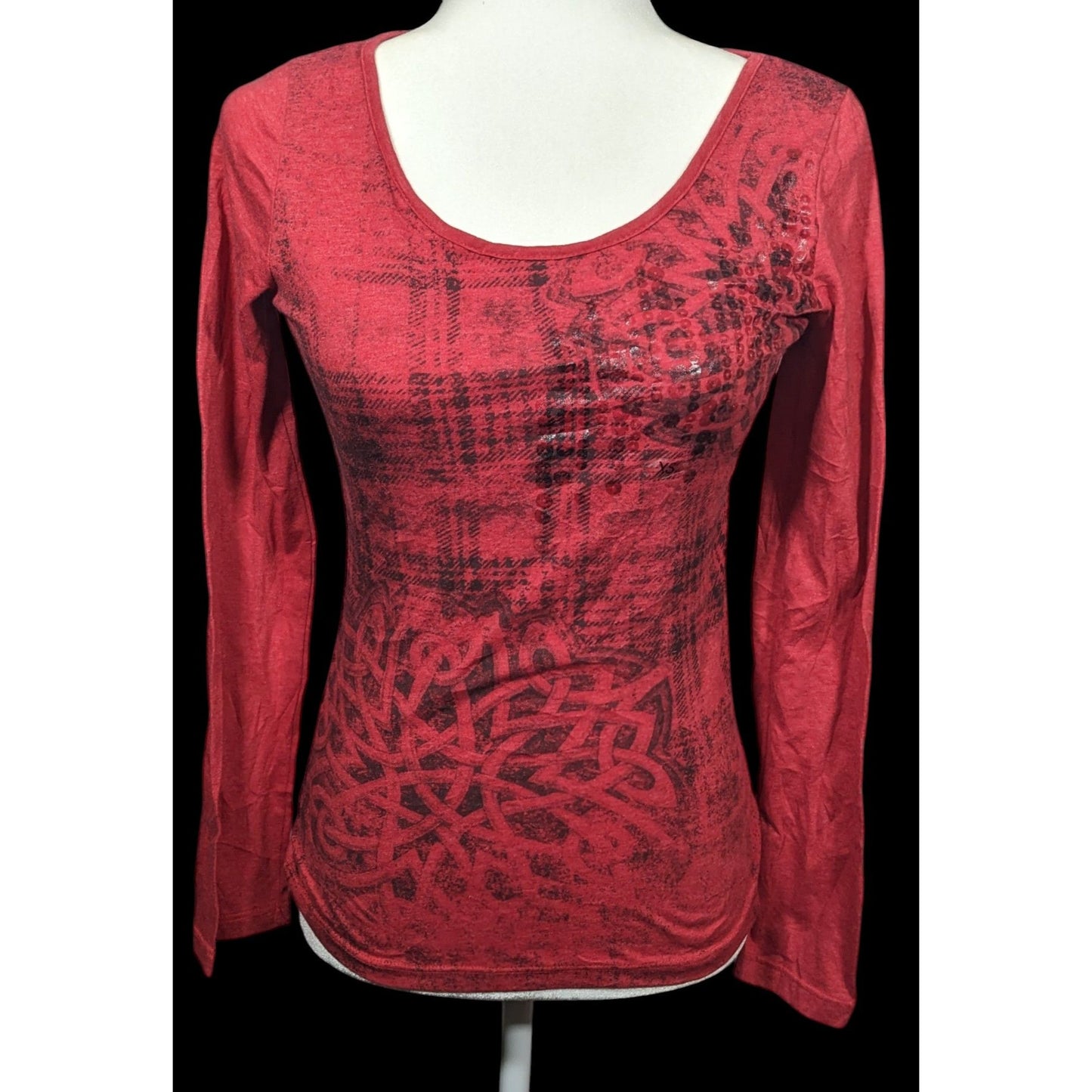 Maurices Gothic Celtic Cross Red And Black Long Sleeve Top