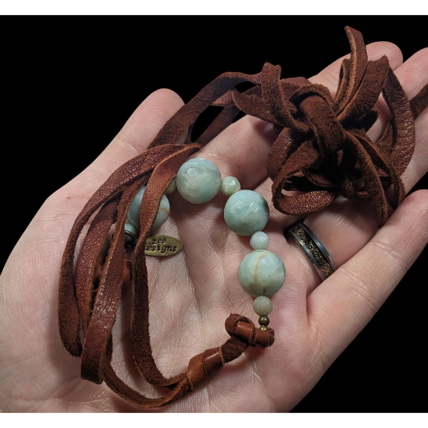 Zee Designs Bohemian Amazonite And Leather Tie On Necklace