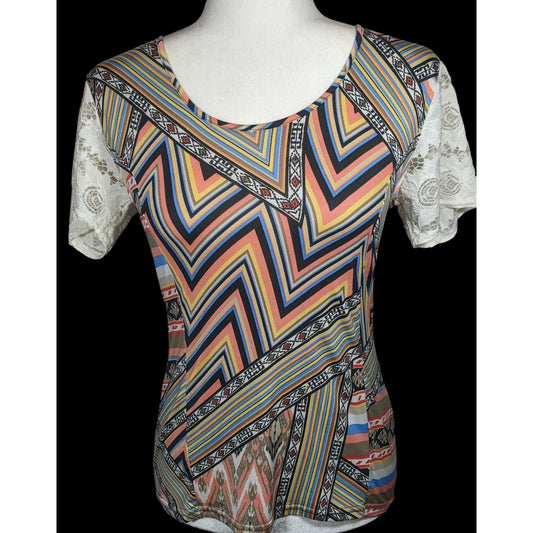 Mary Cool Paris Rainbow Geometric Lace Back Top