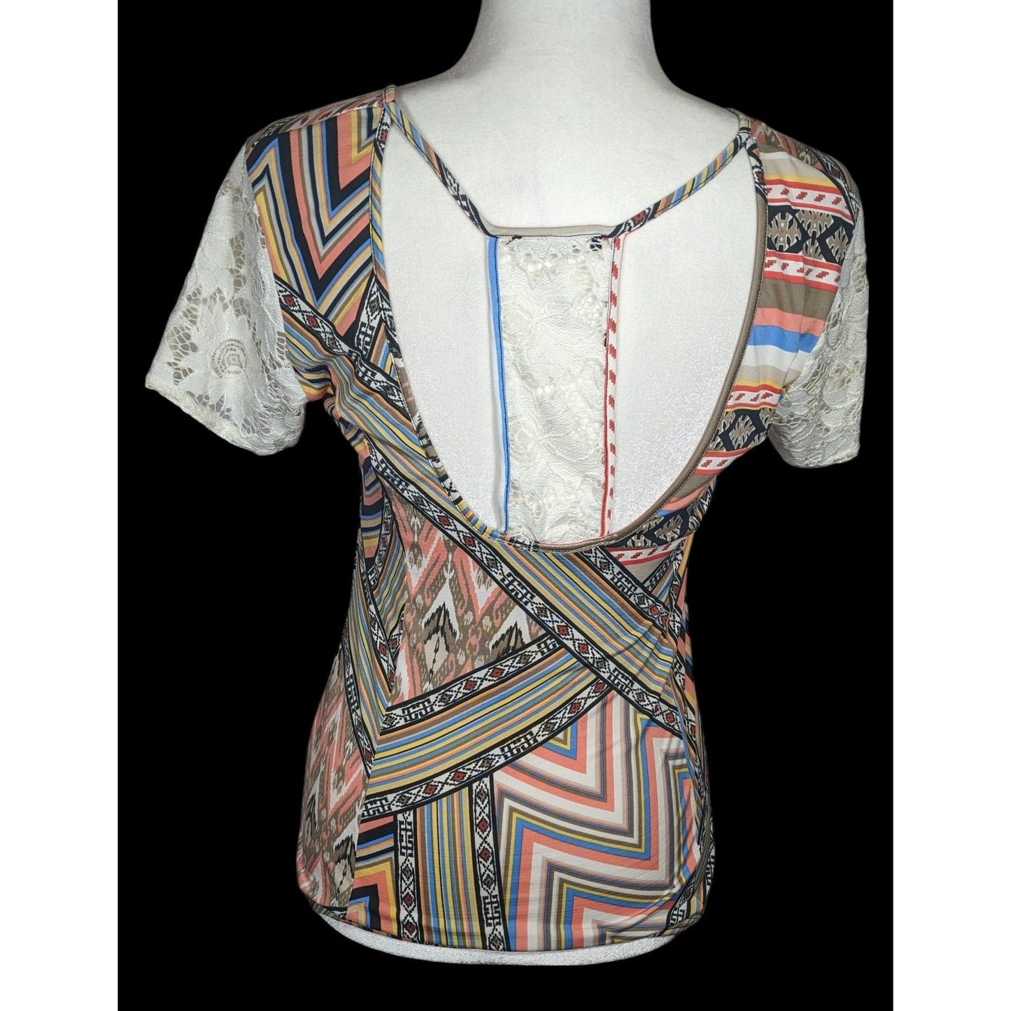 Mary Cool Paris Rainbow Geometric Lace Back Top