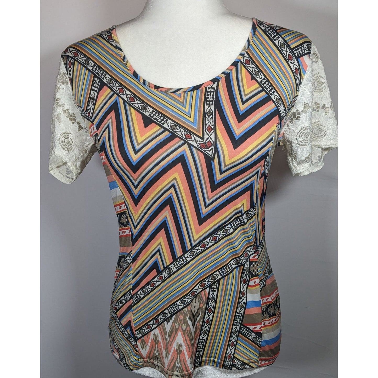 Mary Cool Paris Rainbow Geometric Lace Back Top