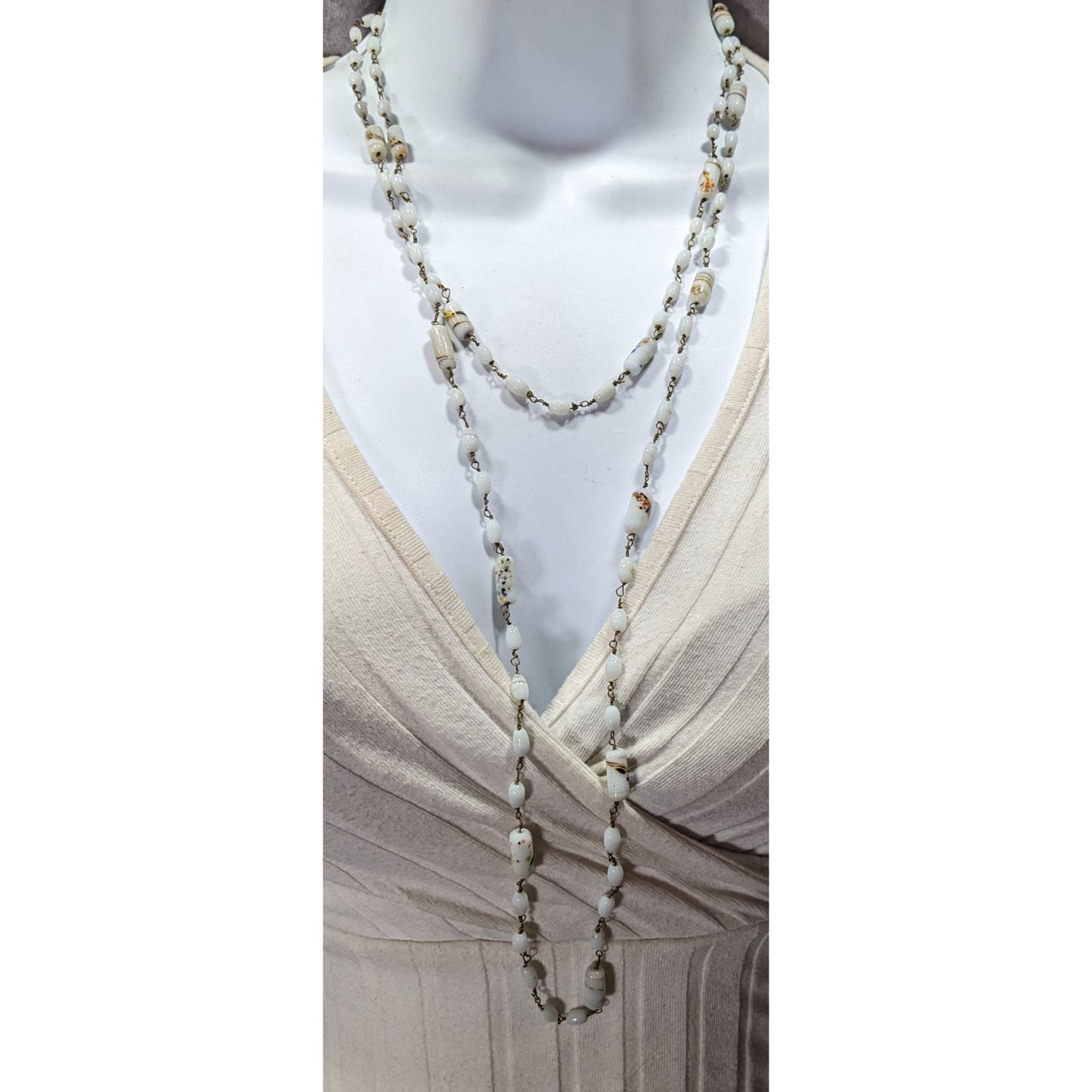 Vintage Handmade Mottled Rainbow Milk Glass Beaded Necklace