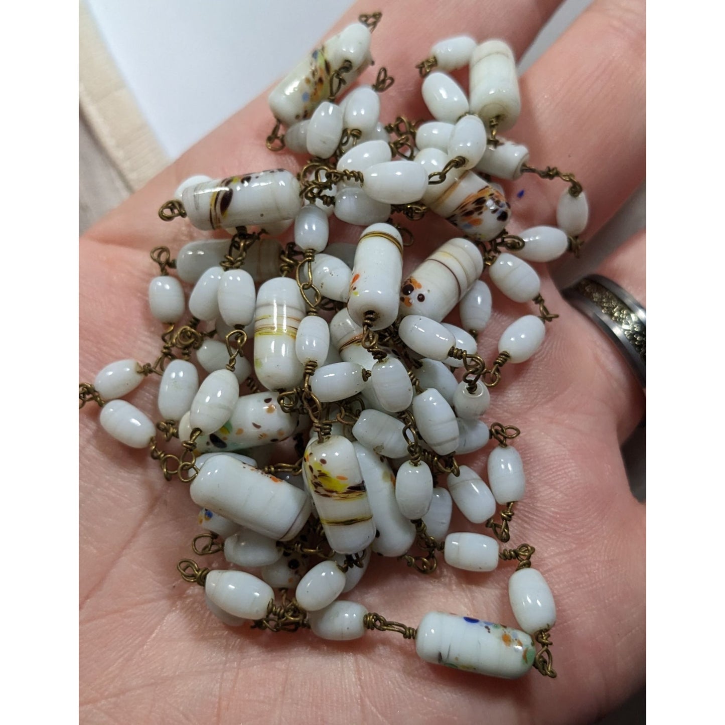 Vintage Handmade Mottled Rainbow Milk Glass Beaded Necklace