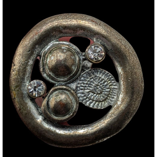 Vintage Brutalist Adjustable Ring With Abstract Circular Design & Rhinestone Accents Size 8