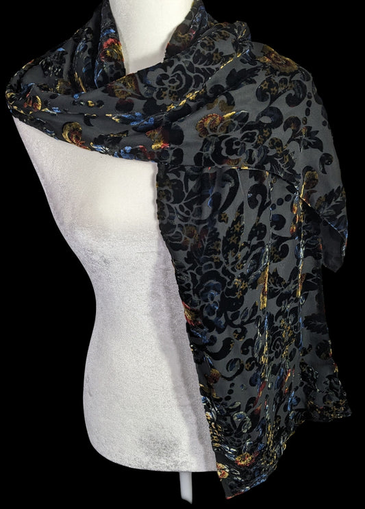 Vintage Dark Rainbow Burnt Velvet Floral Scarf