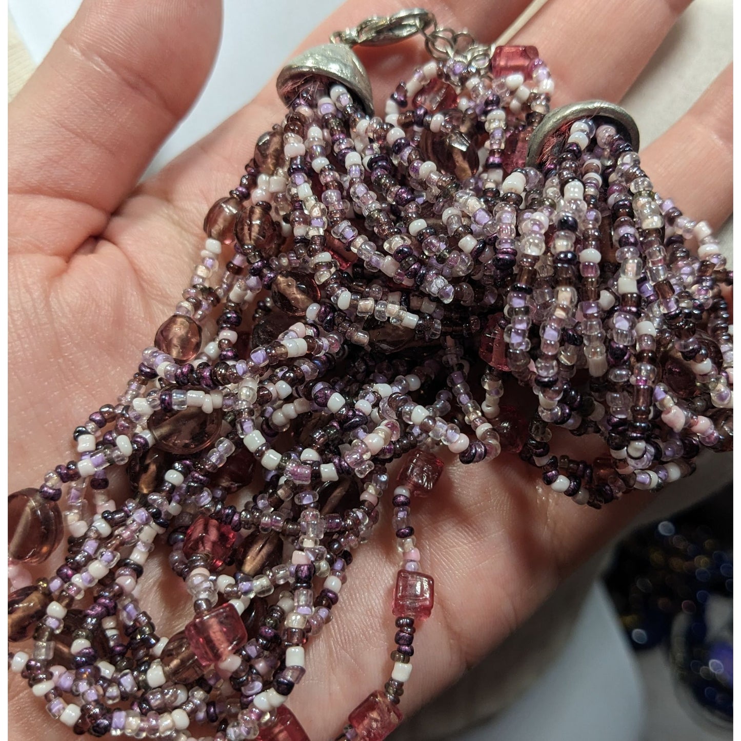 Whimsical Purple And White Glass Beaded Layered Necklace