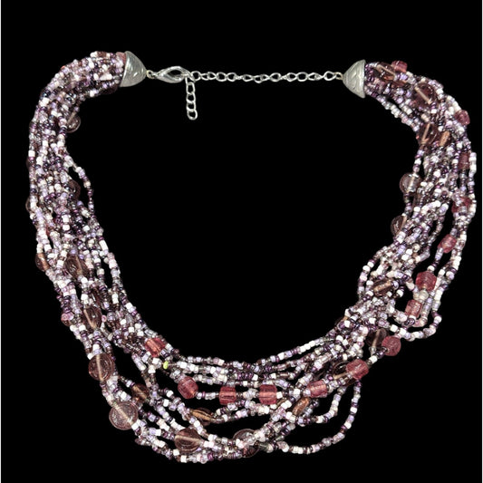 Whimsical Purple And White Glass Beaded Layered Necklace
