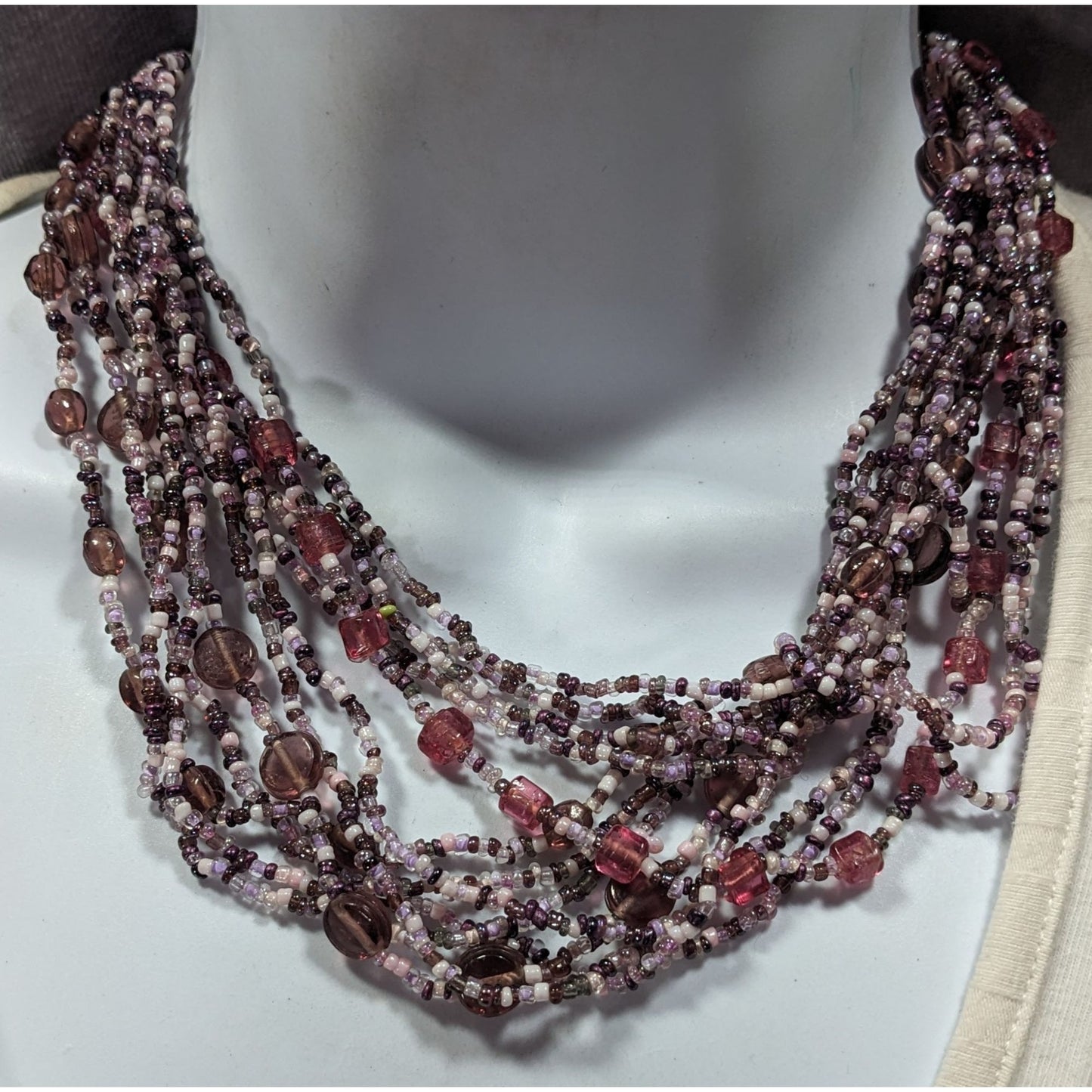 Whimsical Purple And White Glass Beaded Layered Necklace