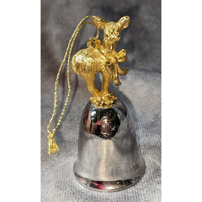 Vintage Christmas Reindeer Gold Tone Silver Bell Ornament 2 3/4 Inch