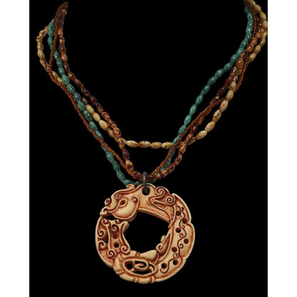 Vintage Tribal Style Brown And Blue Beaded Pendant Necklace