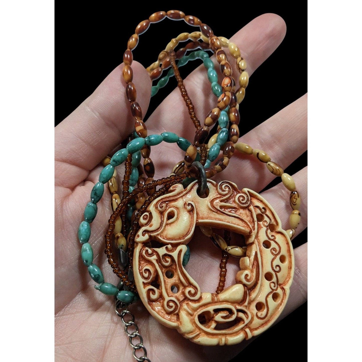 Vintage Tribal Style Brown And Blue Beaded Pendant Necklace