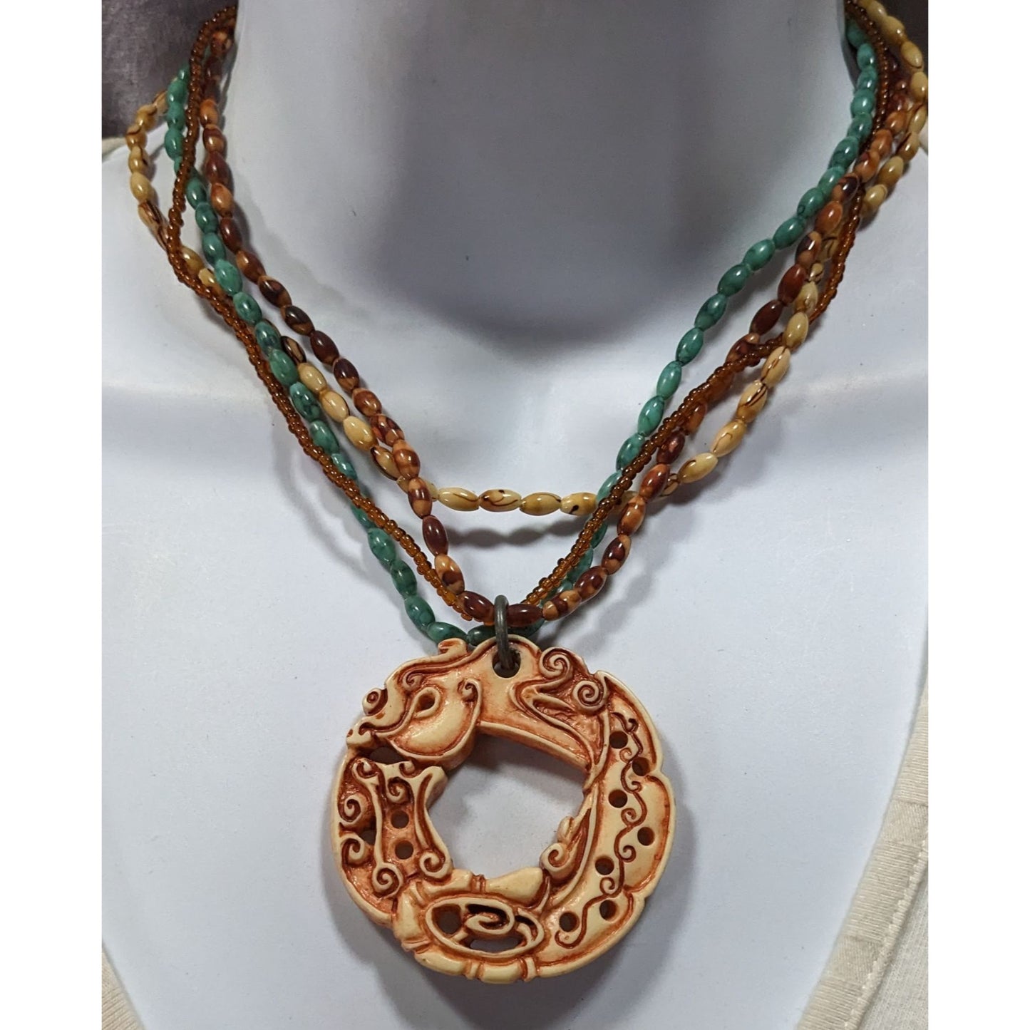 Vintage Tribal Style Brown And Blue Beaded Pendant Necklace