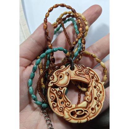 Vintage Tribal Style Brown And Blue Beaded Pendant Necklace