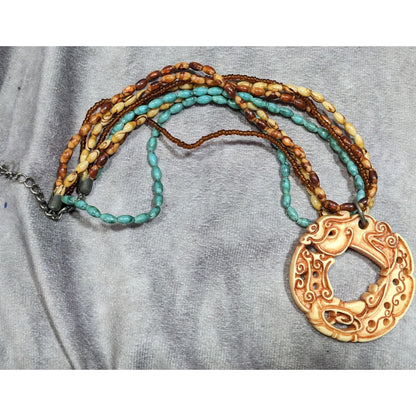 Vintage Tribal Style Brown And Blue Beaded Pendant Necklace
