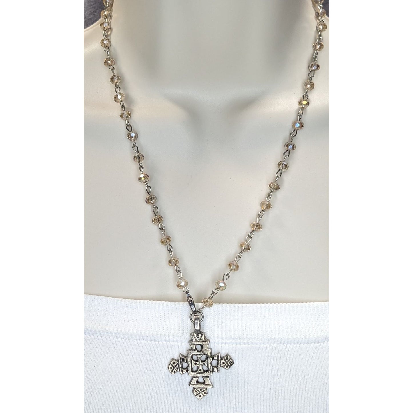 Boho Vintage Coptic Cross Necklace Crystal Beaded Silver Tone Ethiopian Style Pendant