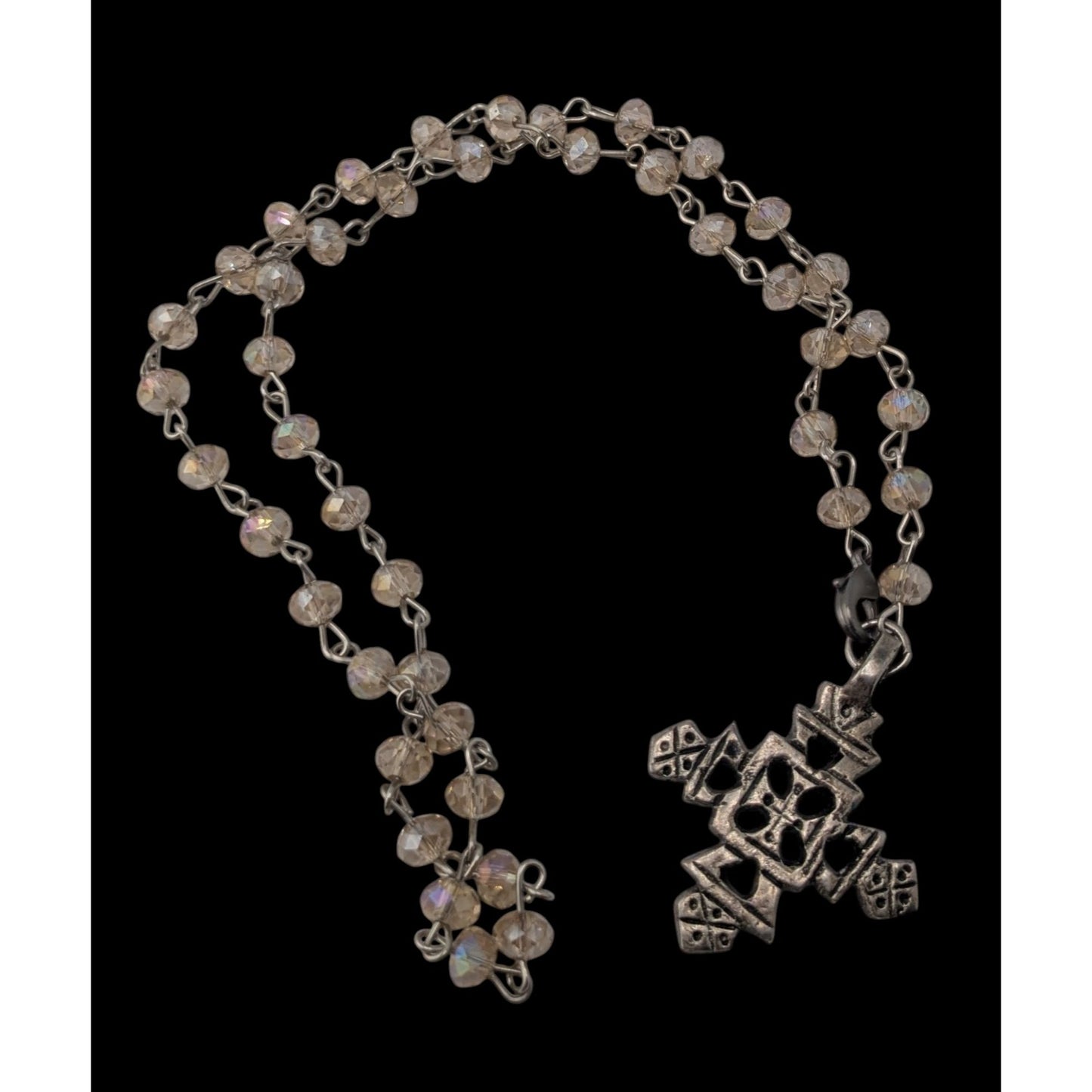 Boho Vintage Coptic Cross Necklace Crystal Beaded Silver Tone Ethiopian Style Pendant