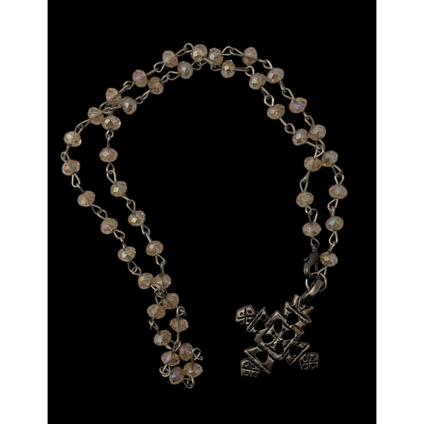 Boho Vintage Coptic Cross Necklace Crystal Beaded Silver Tone Ethiopian Style Pendant