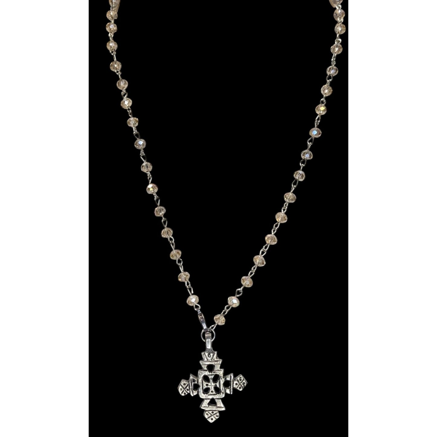 Boho Vintage Coptic Cross Necklace Crystal Beaded Silver Tone Ethiopian Style Pendant