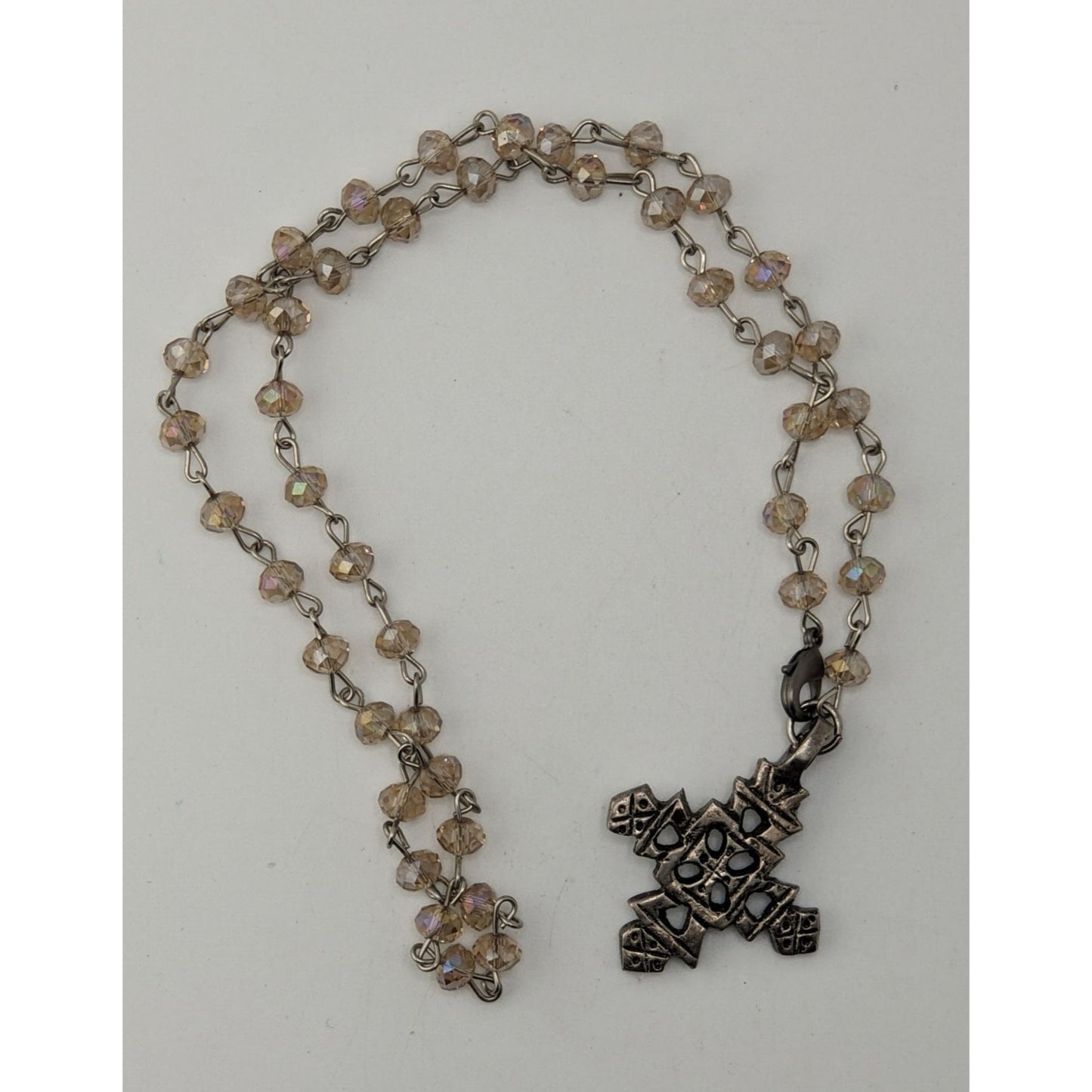 Boho Vintage Coptic Cross Necklace Crystal Beaded Silver Tone Ethiopian Style Pendant