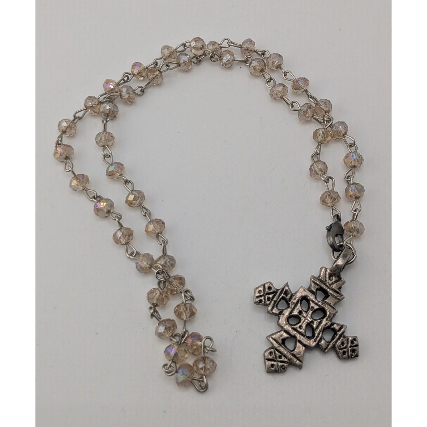 Boho Vintage Coptic Cross Necklace Crystal Beaded Silver Tone Ethiopian Style Pendant