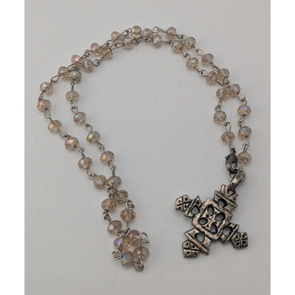 Boho Vintage Coptic Cross Necklace Crystal Beaded Silver Tone Ethiopian Style Pendant