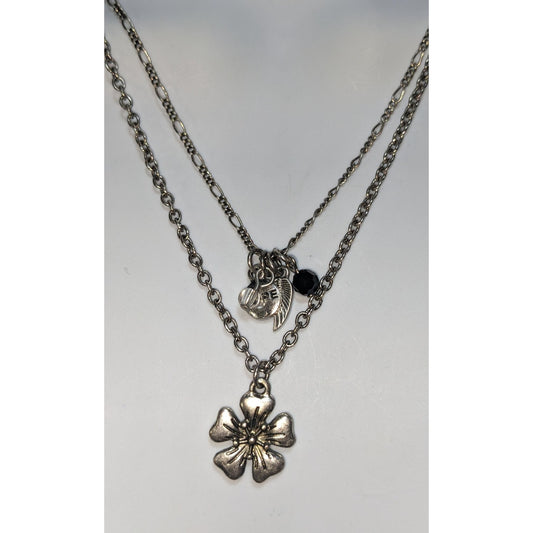 Cottagecore Y2K Boho Layered Silver Flower Charm Necklace with Mixed Charms