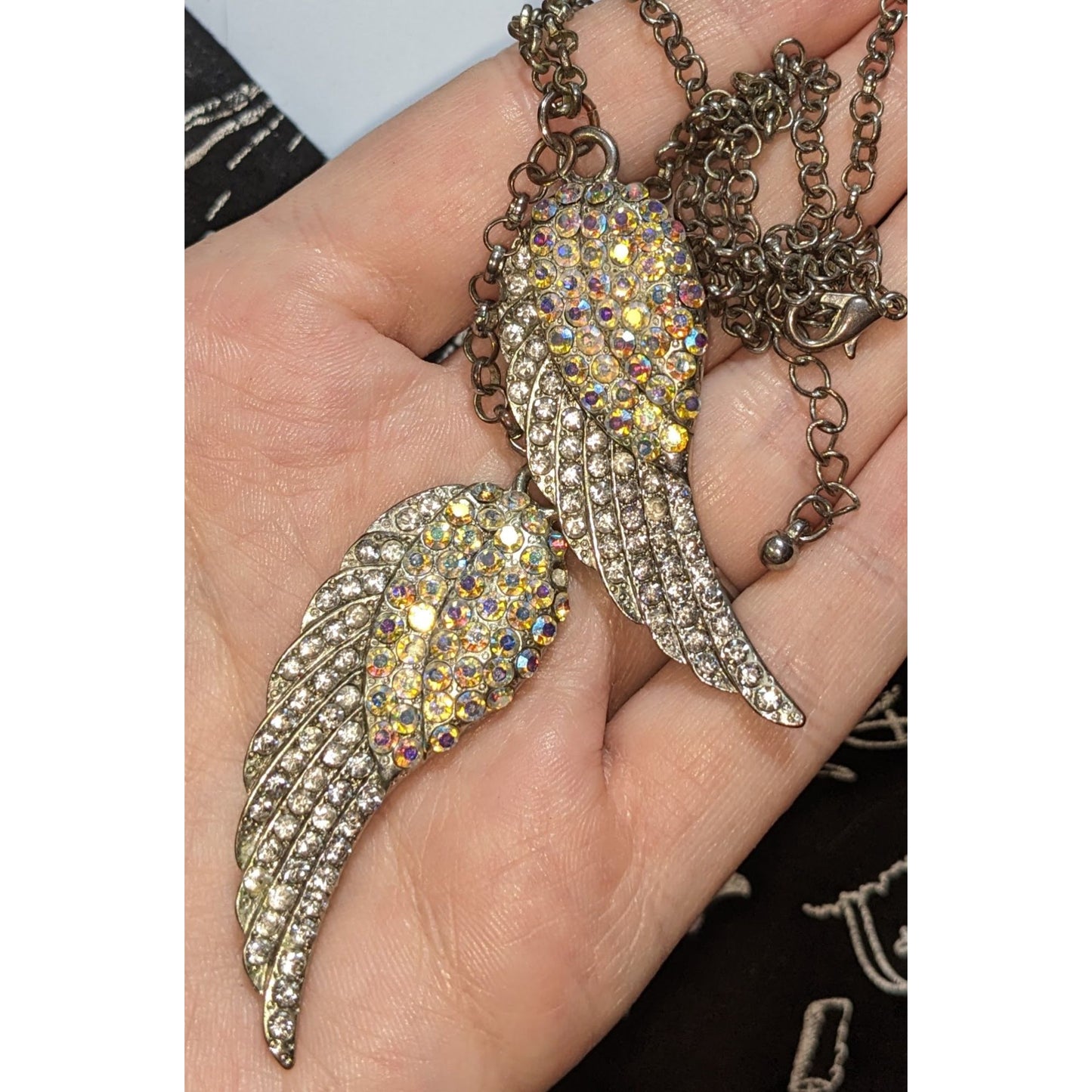 Whimsical Angel Wing Necklace With Aurora Borealis Crystals
