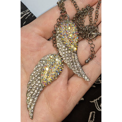 Whimsical Angel Wing Necklace With Aurora Borealis Crystals