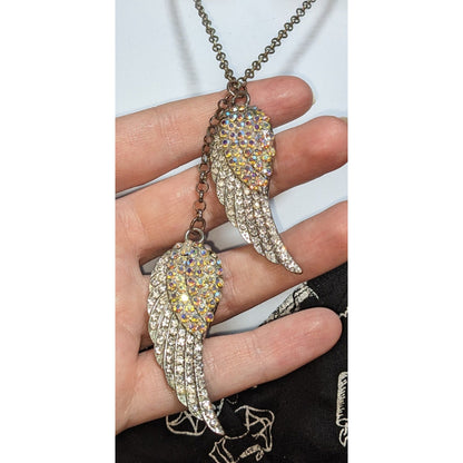 Whimsical Angel Wing Necklace With Aurora Borealis Crystals
