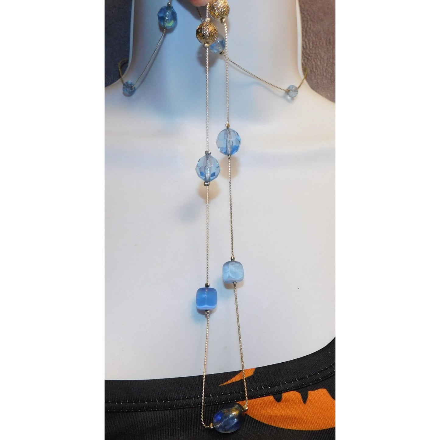 Blue Glass Station Necklace On Silver Tone Chain